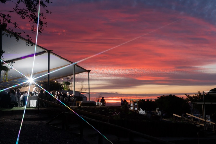 La carpa transparente recortada contra un cielo encendido al atardecer