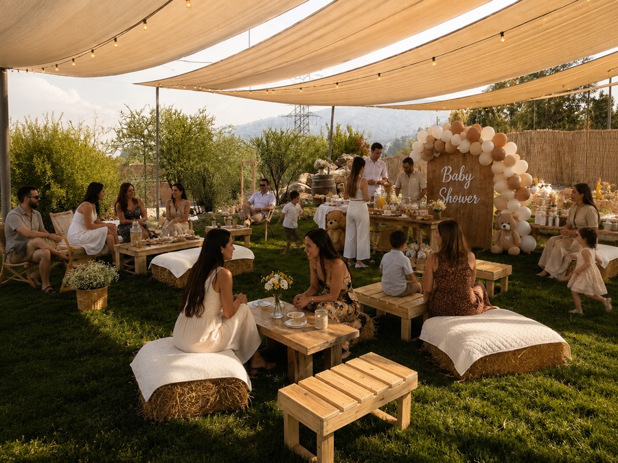 Un baby shower en el pasto, con sillones de fardo y toldos de sombra
